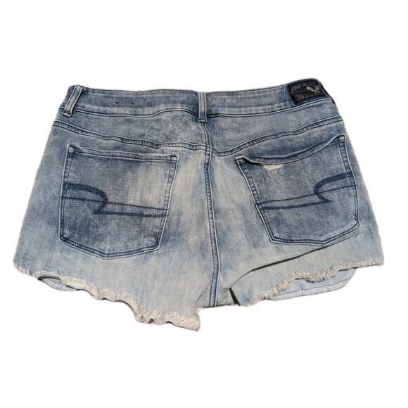 American Eagle Womens 12 HiRise Denim Shorts Blue Bleach Wash Distress Destroyed - Picture 2 of 4